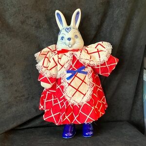Dressed Rabbit Bunny Delft Dutch porcelain head blue boots doll White Red Dress